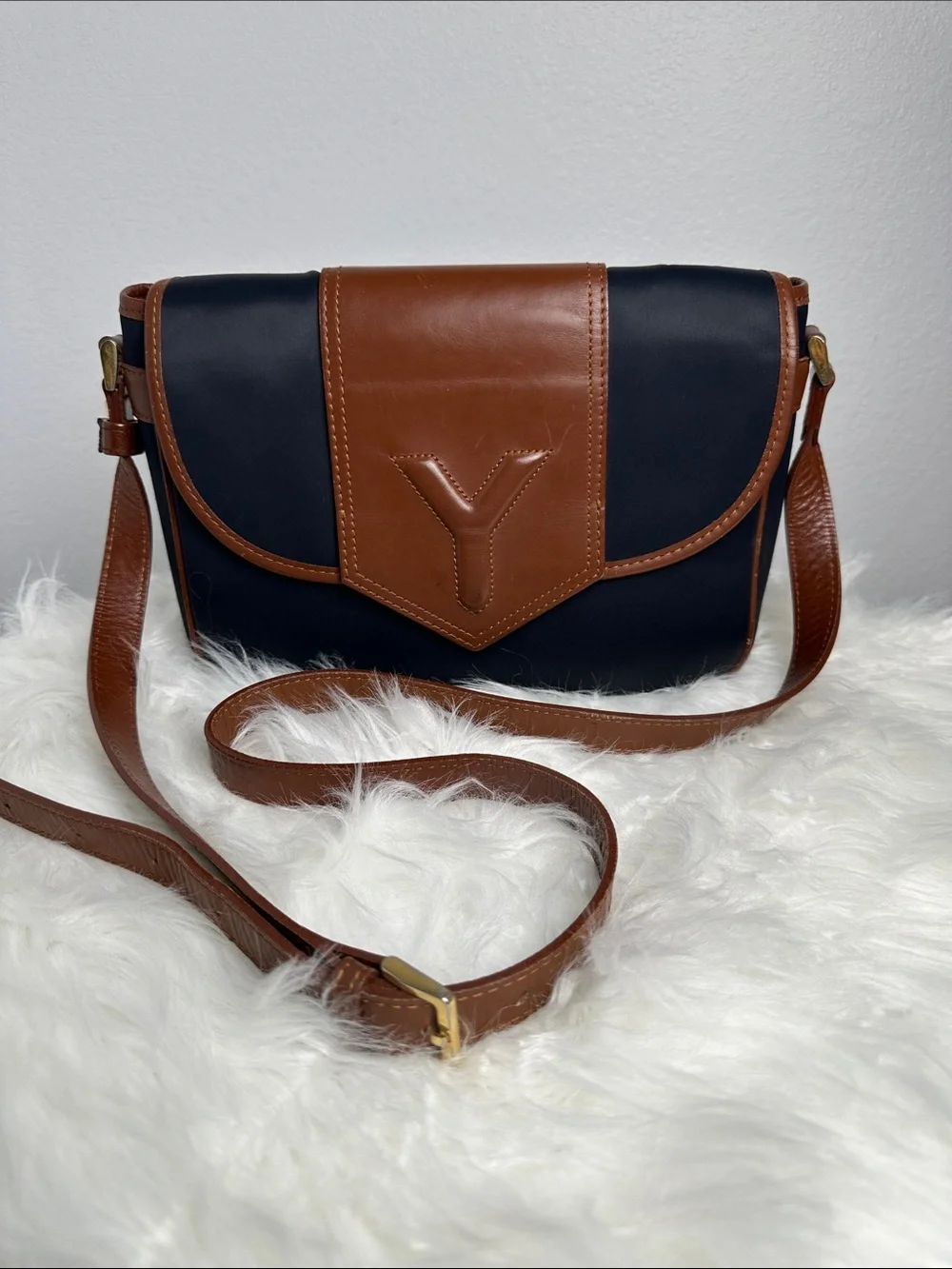 💯Authentic Yves Saint Laurent YSL Vintage Navy & Brown Crossbody Shoulder Bag🍀